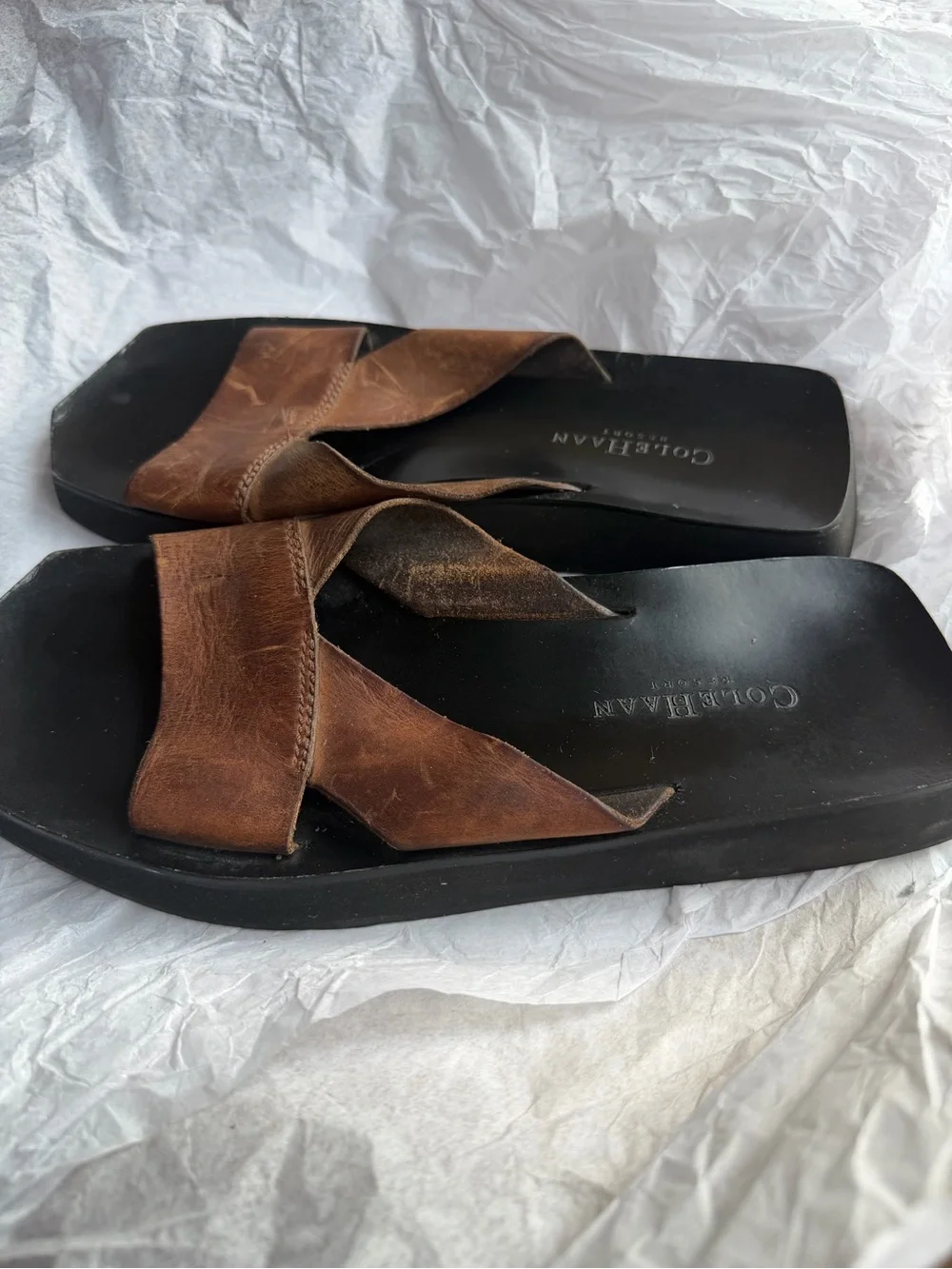 Cole Haan Men's Brown Leather Slide Sandals with Black Footbed